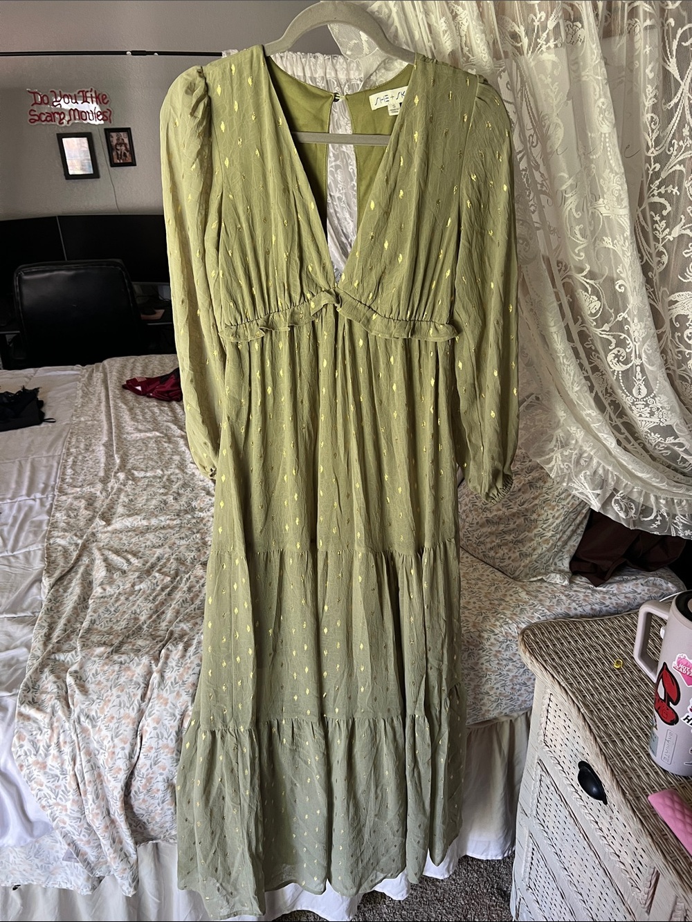 She + Sky Olive Green Maxi Dress with Gold Dot Accents